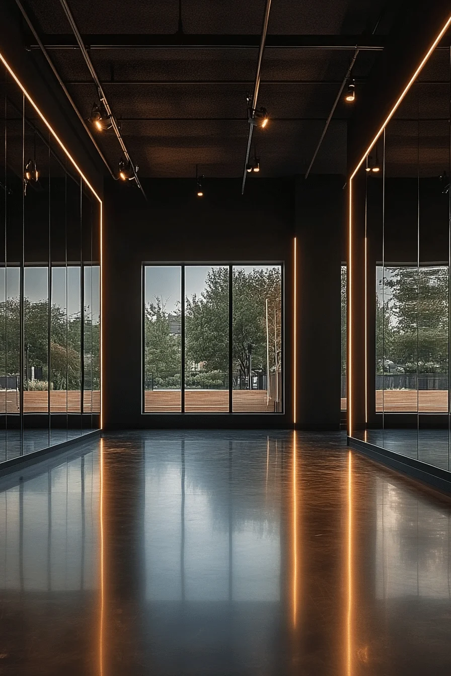 Dance studio with dark walls and mirrors