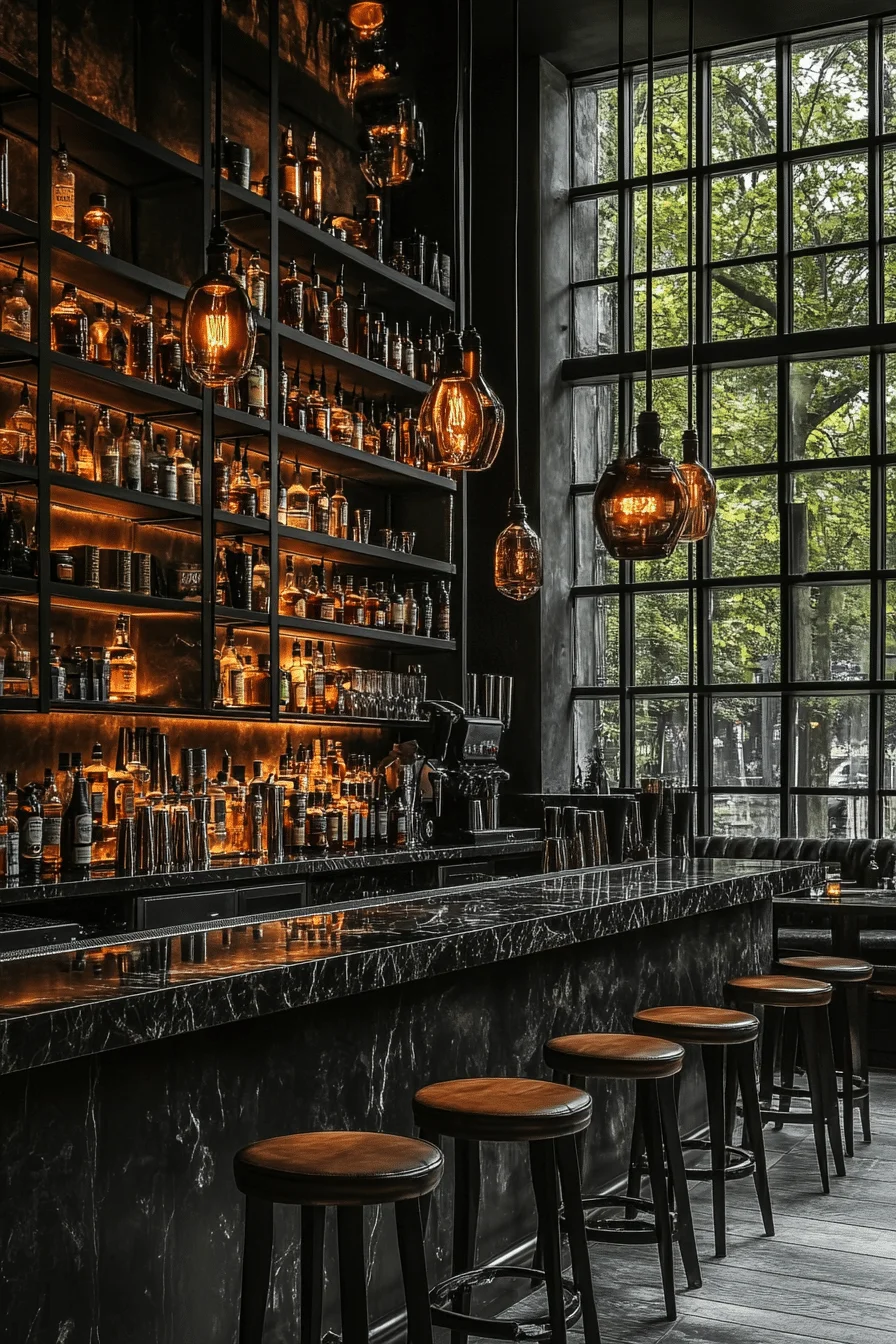 Bar area with black marble counter and ambient lighting