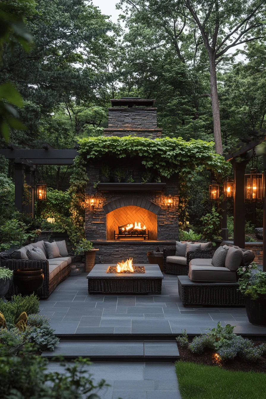 Outdoor patio with dark furniture and fire pit