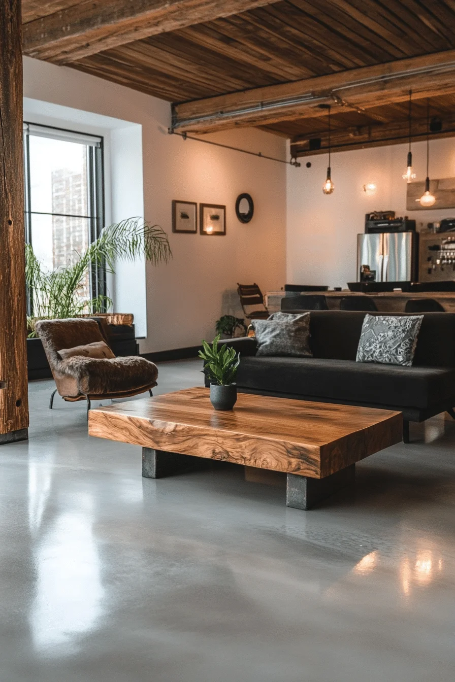 Polished concrete floors in industrial living room