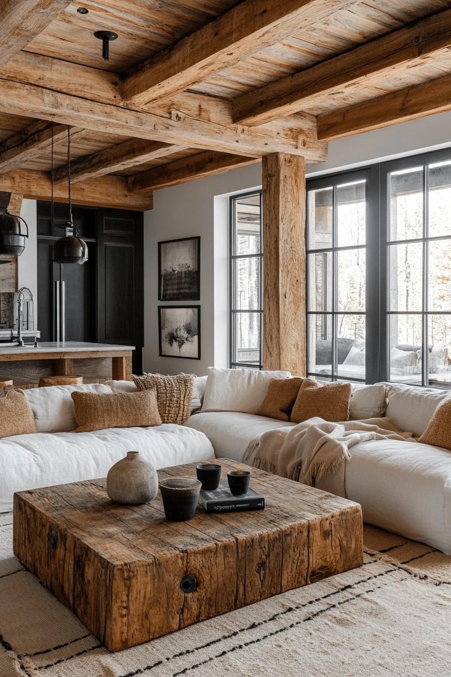Reclaimed wood furniture in industrial living room