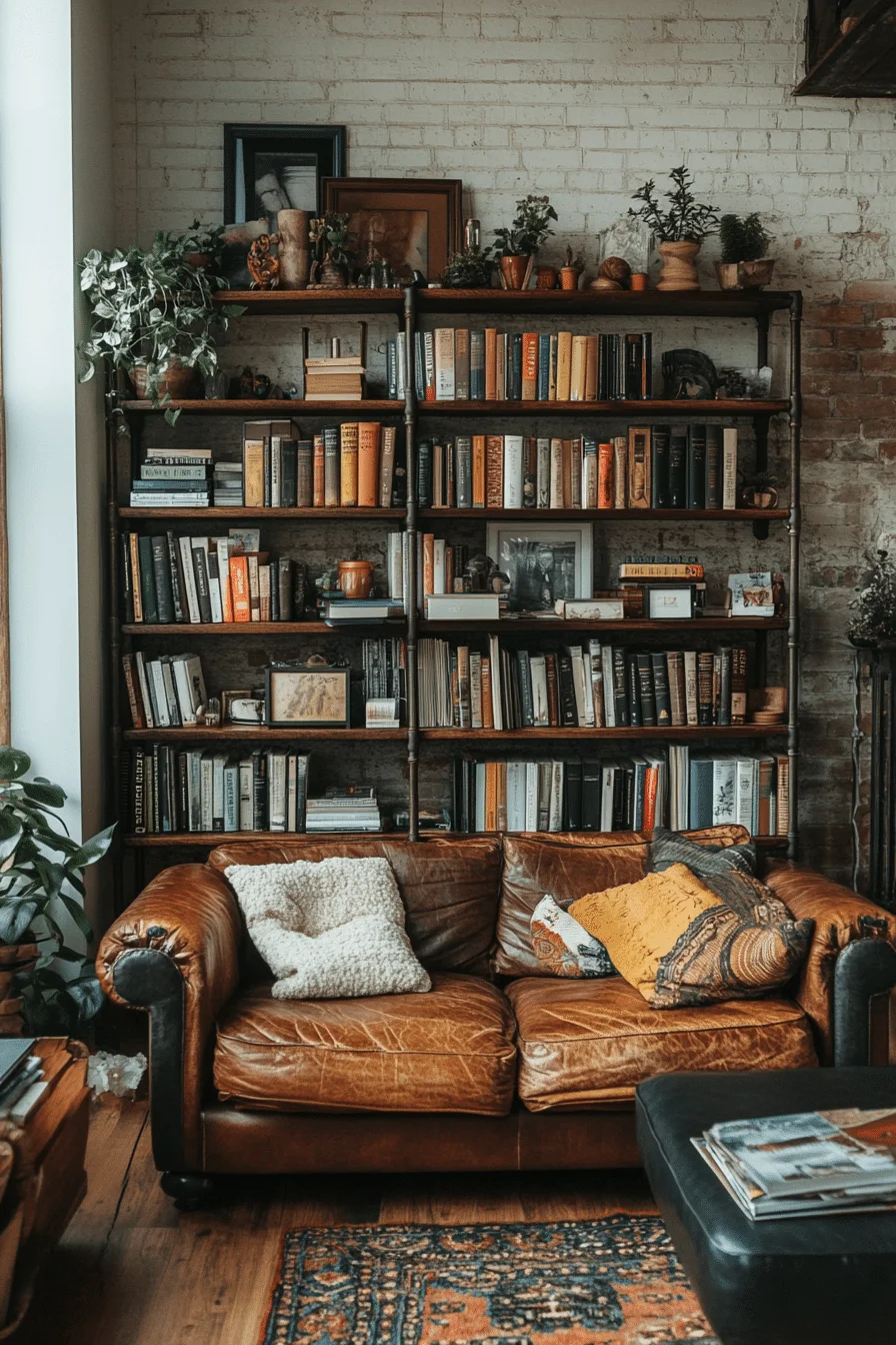 Industrial pipe shelving in living room