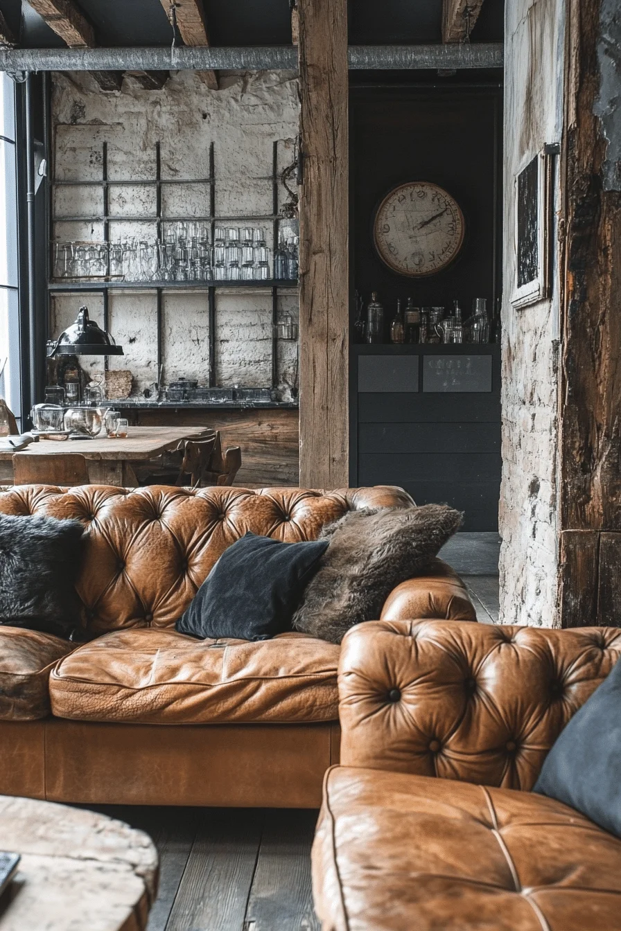 Leather seating in industrial living room