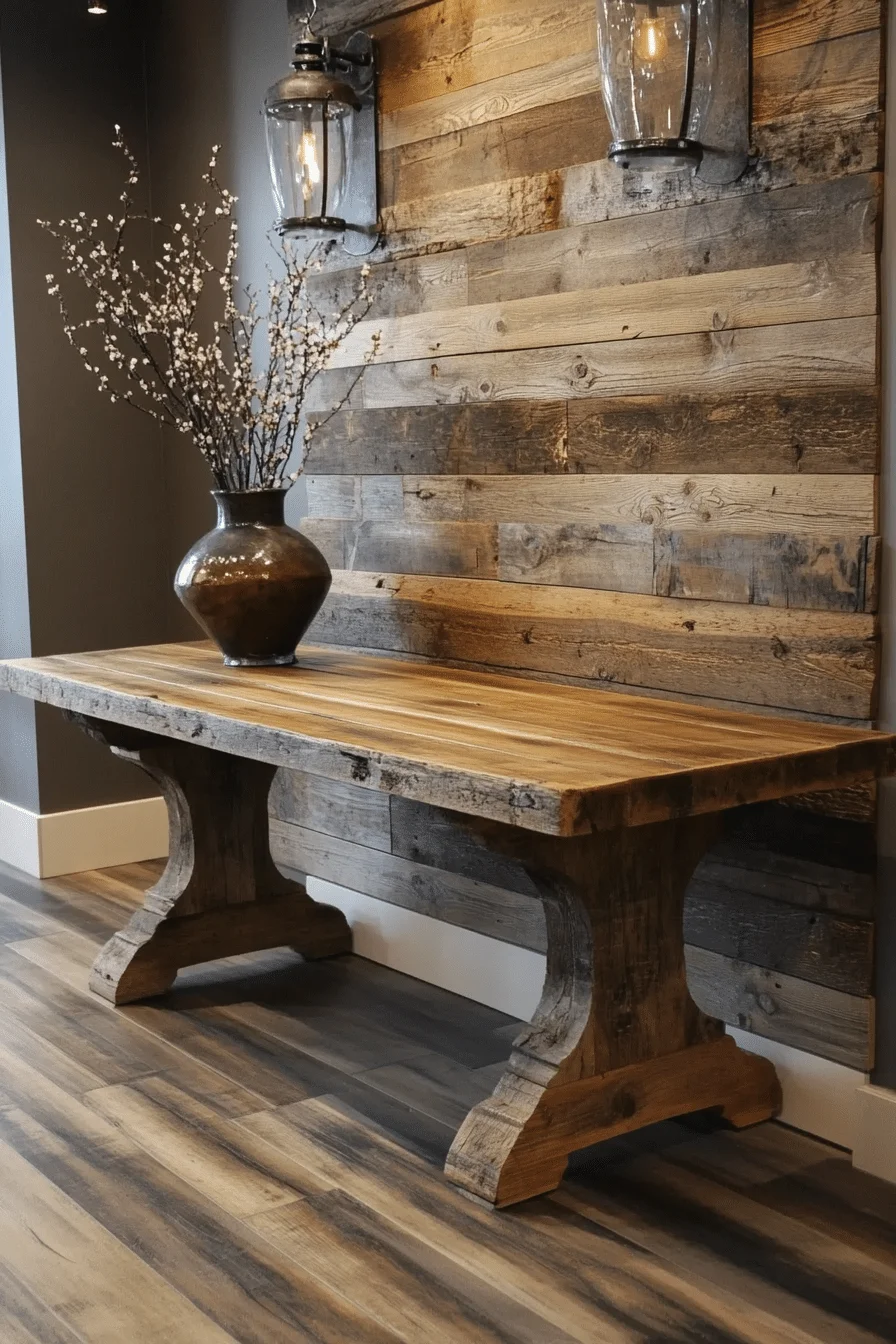 Salvaged wood furniture in industrial living room