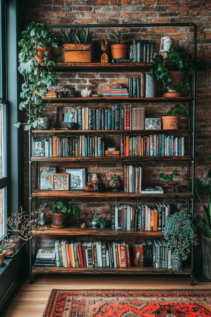 Industrial bookcase with metal frame and wood shelves