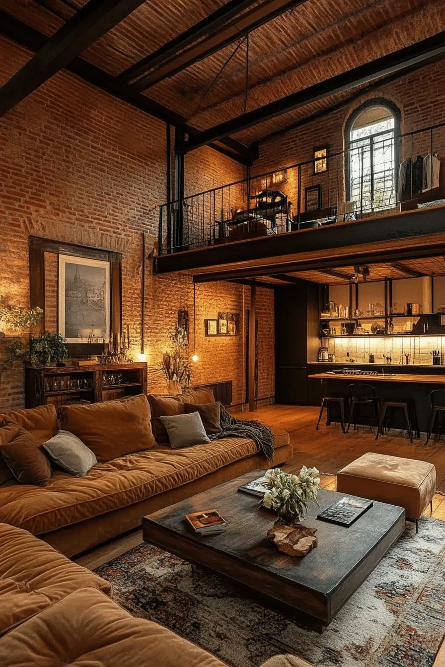 Exposed metal beams in industrial living room