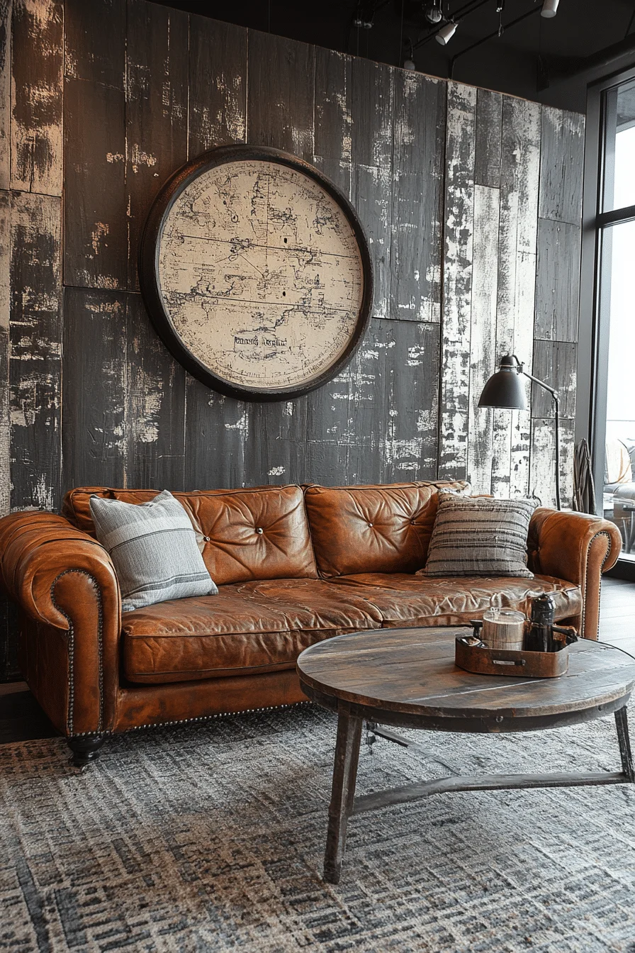 Distressed metal and wood finishes in industrial living room