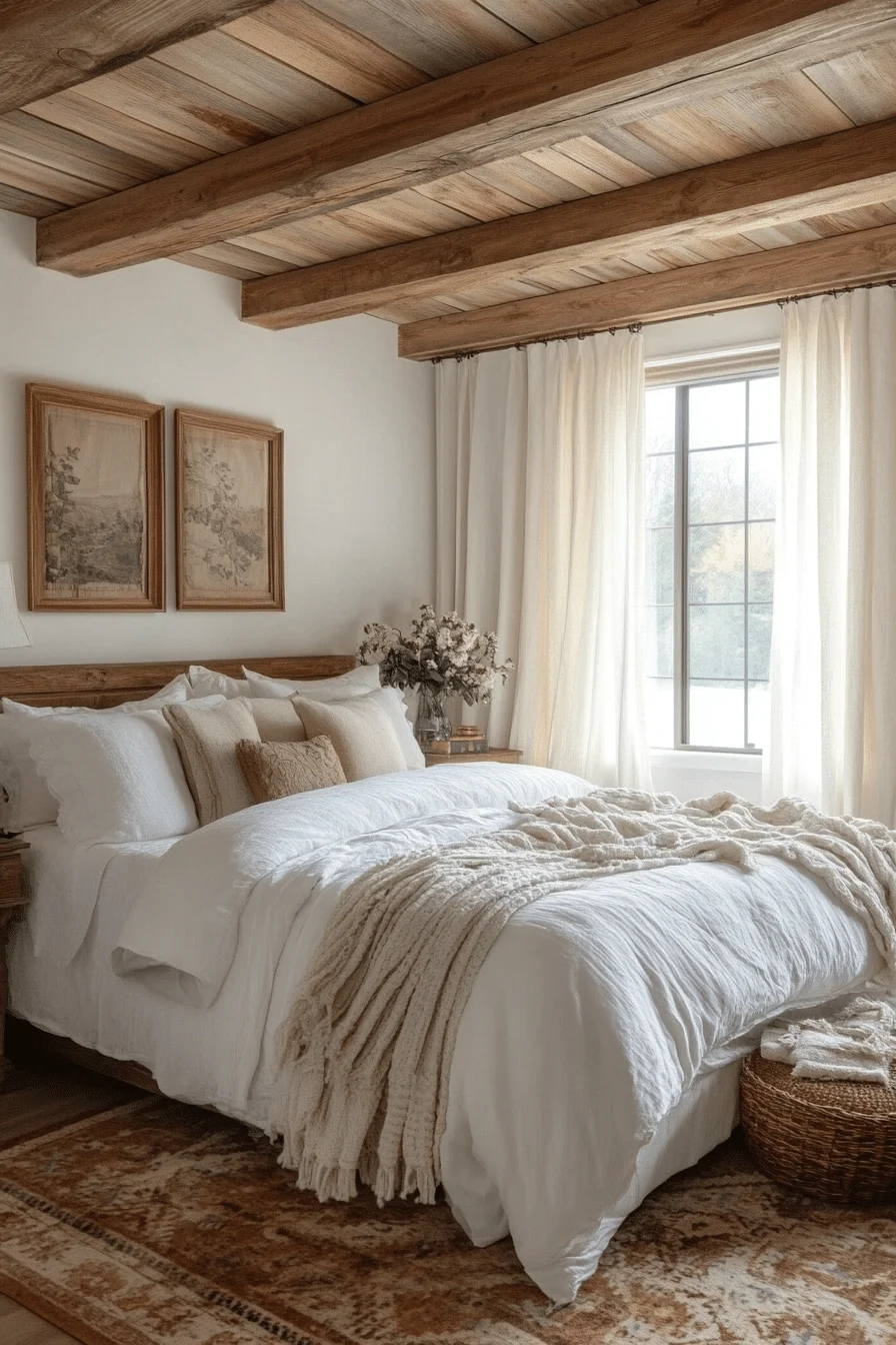 White bedroom with natural wood accents