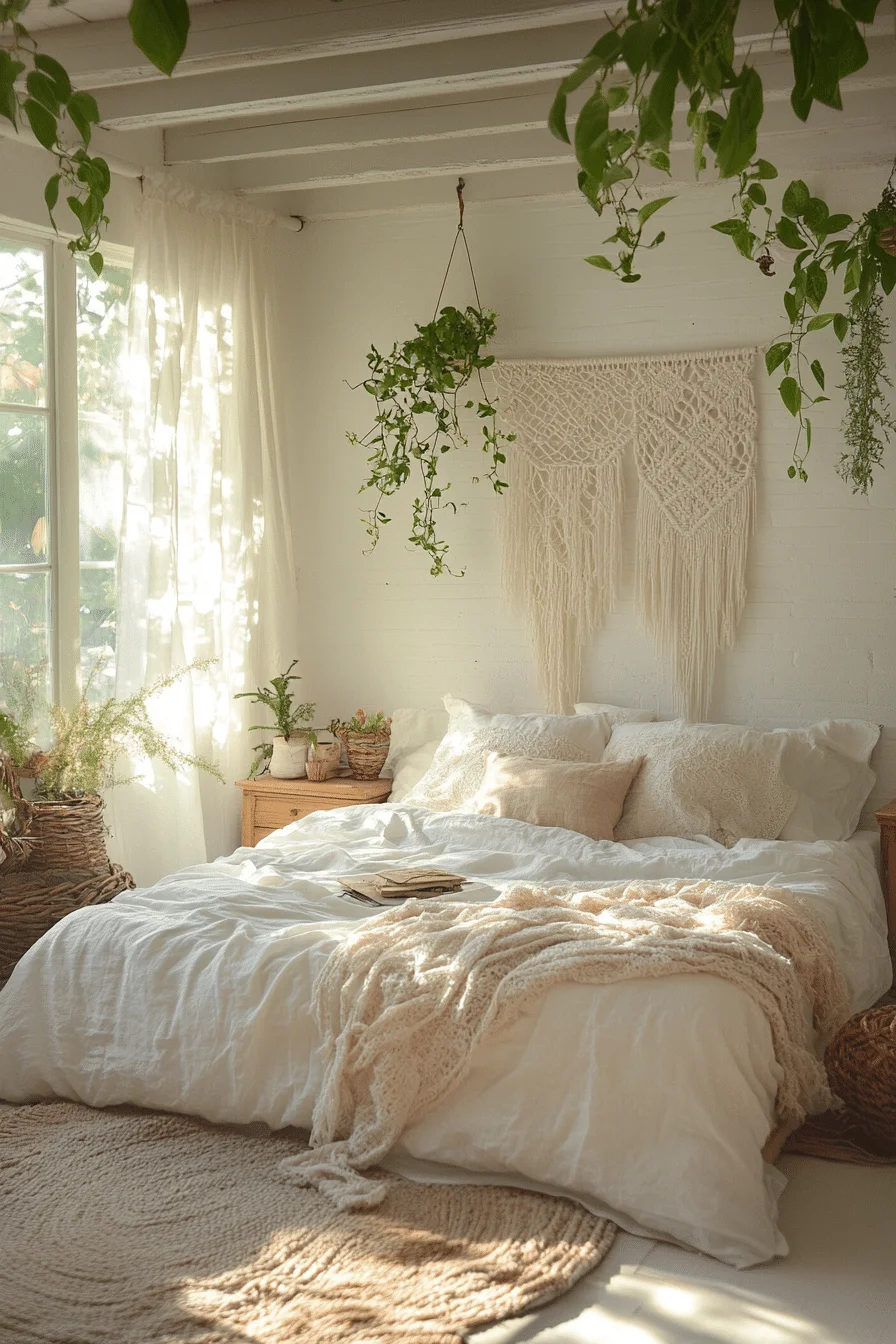 Boho style white bedroom with macramé
