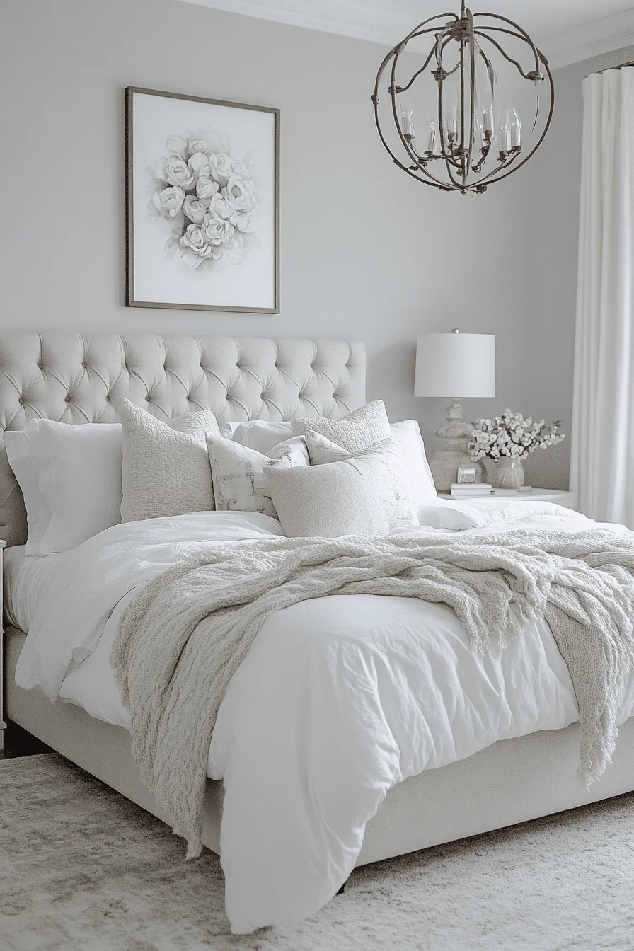 Modern white bedroom with metallic accents