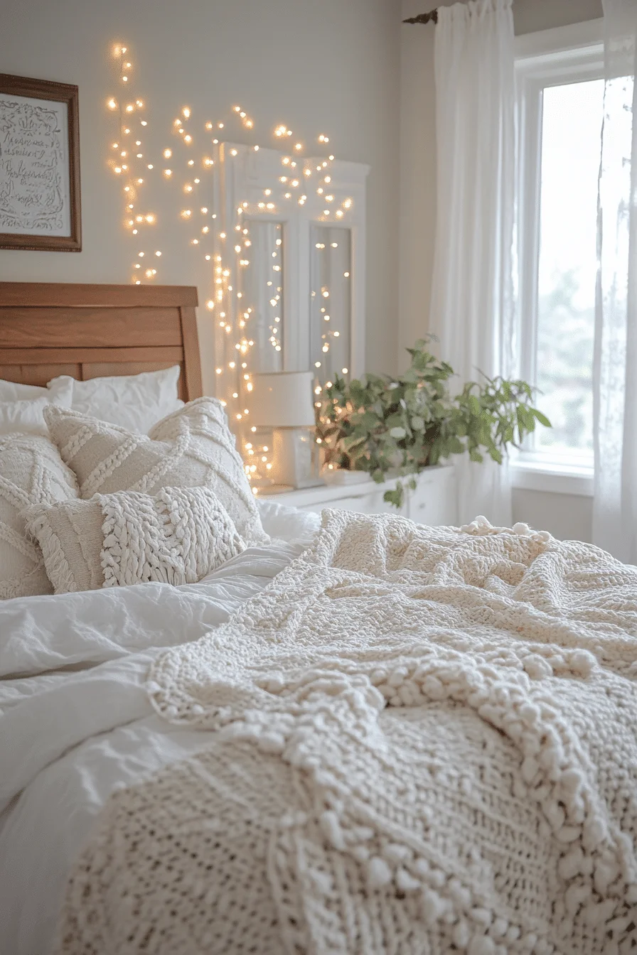 Romantic white bedroom with lace curtains