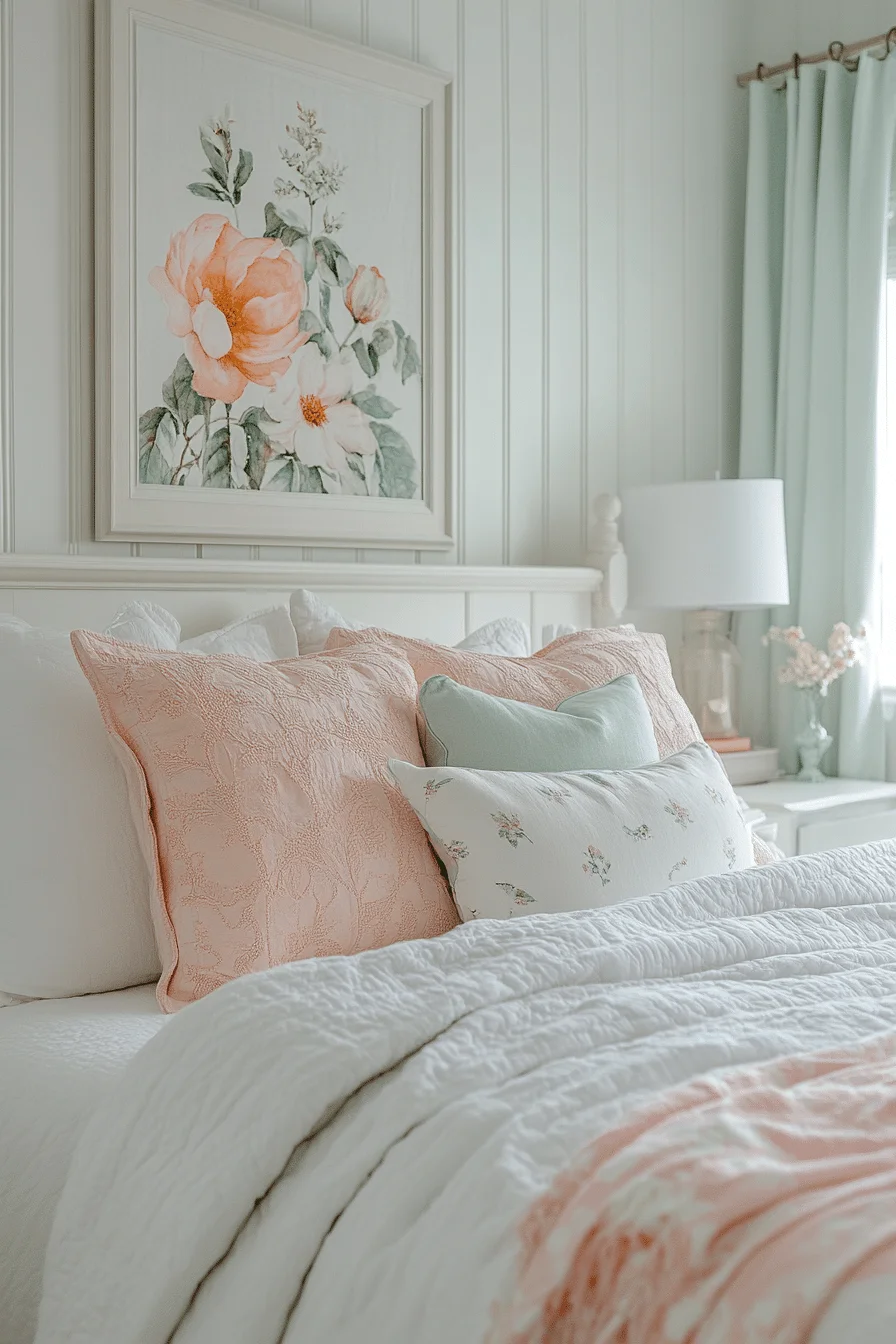 White bedroom with pastel accents