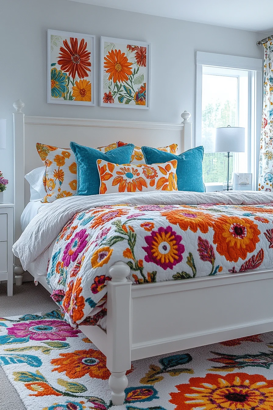White bedroom with colorful accessories