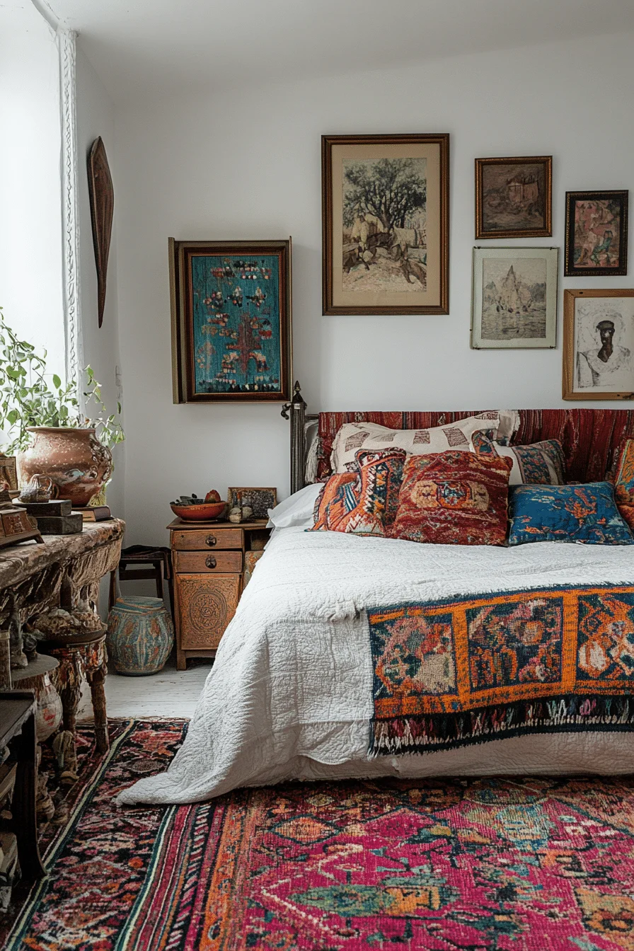Eclectic white bedroom with mixed patterns