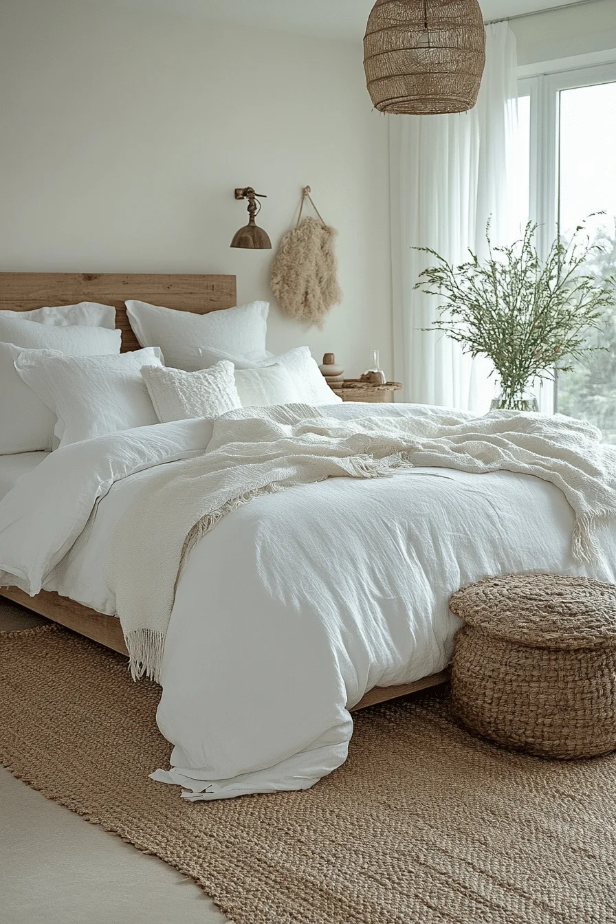 White bedroom with natural elements