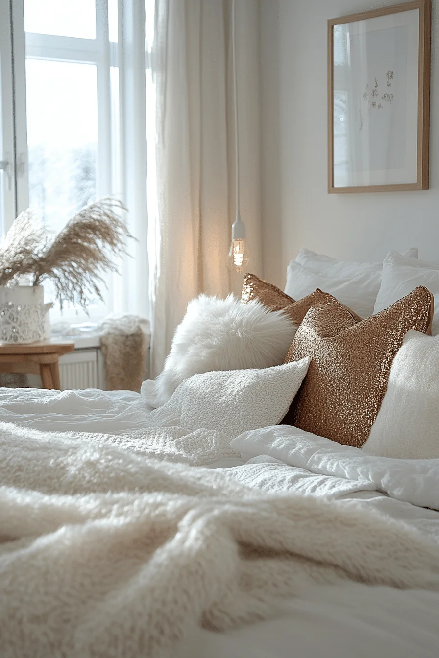 White bedroom with metallic accents