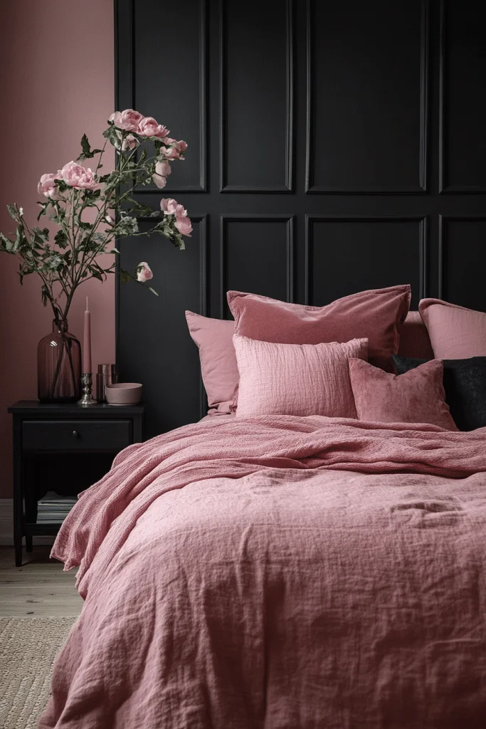 Minimalist pink and black bedroom