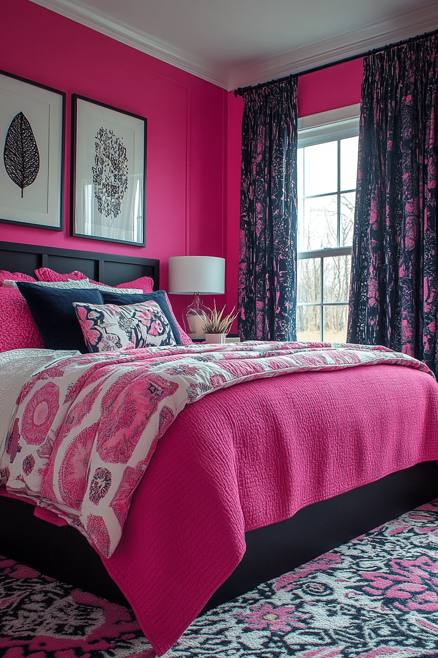 Geometric pink and black bedroom