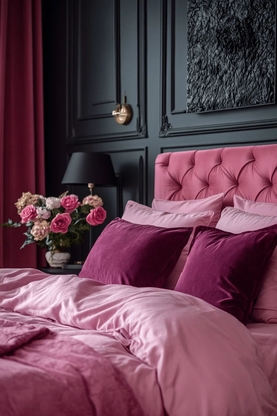 Velvet pink and black bedroom