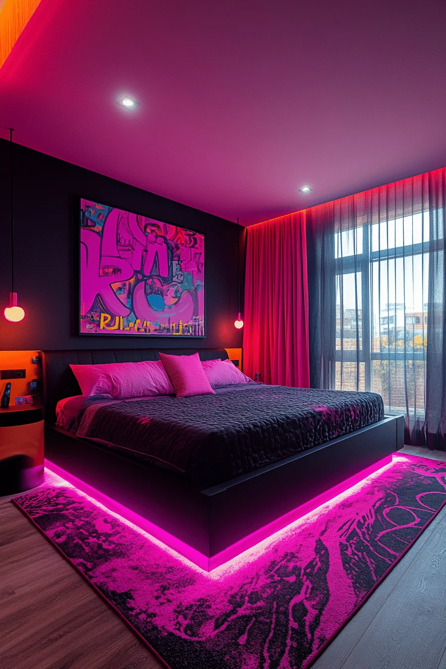 Neon pink and black bedroom