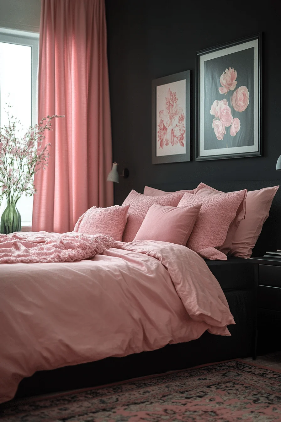 Soft pink and matte black bedroom