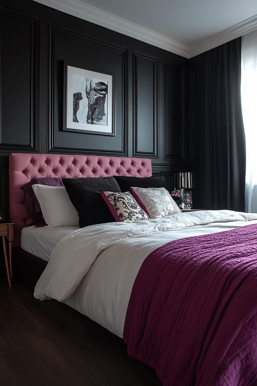 Color blocked pink and black bedroom