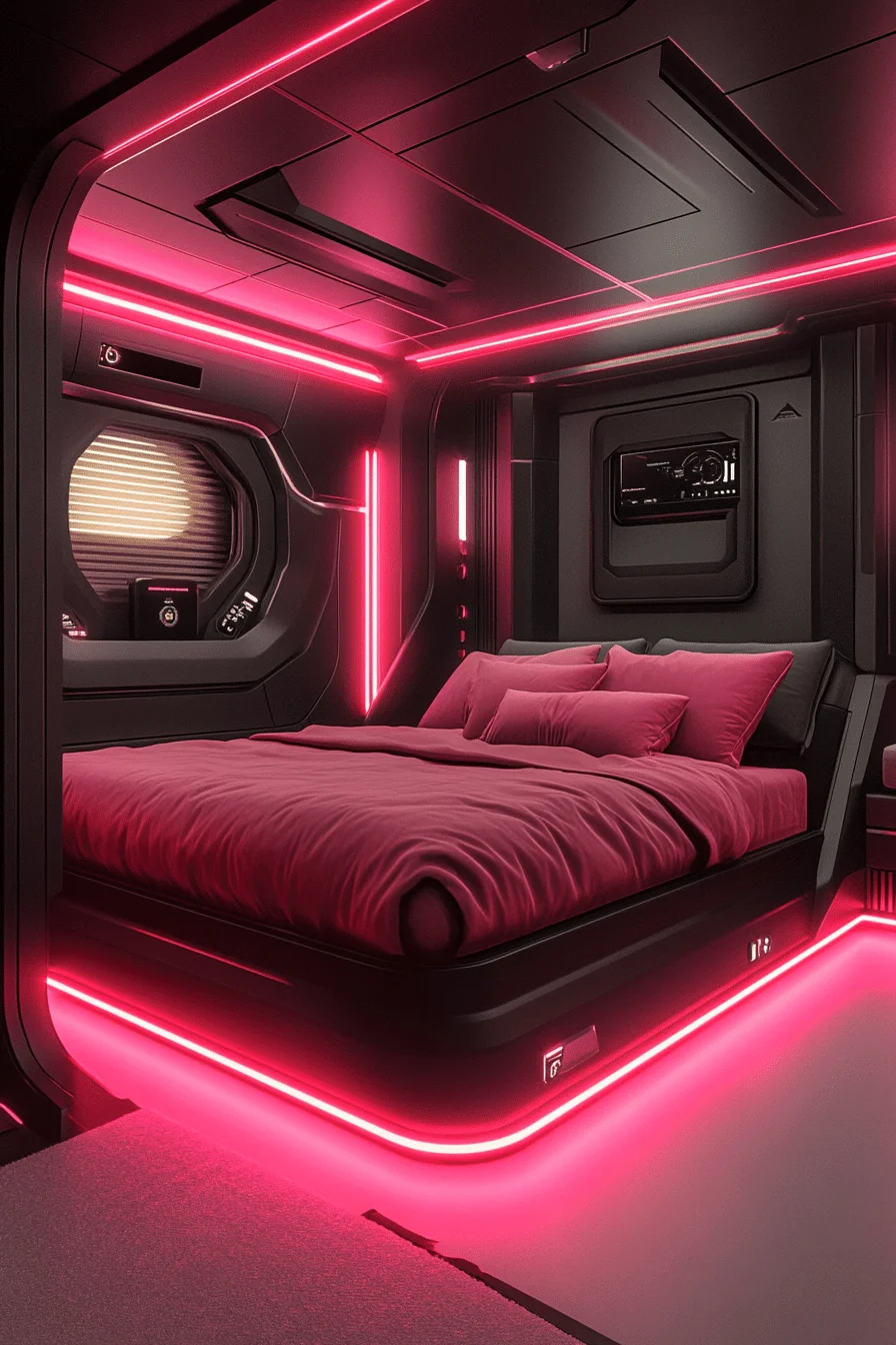 Futuristic pink and black bedroom