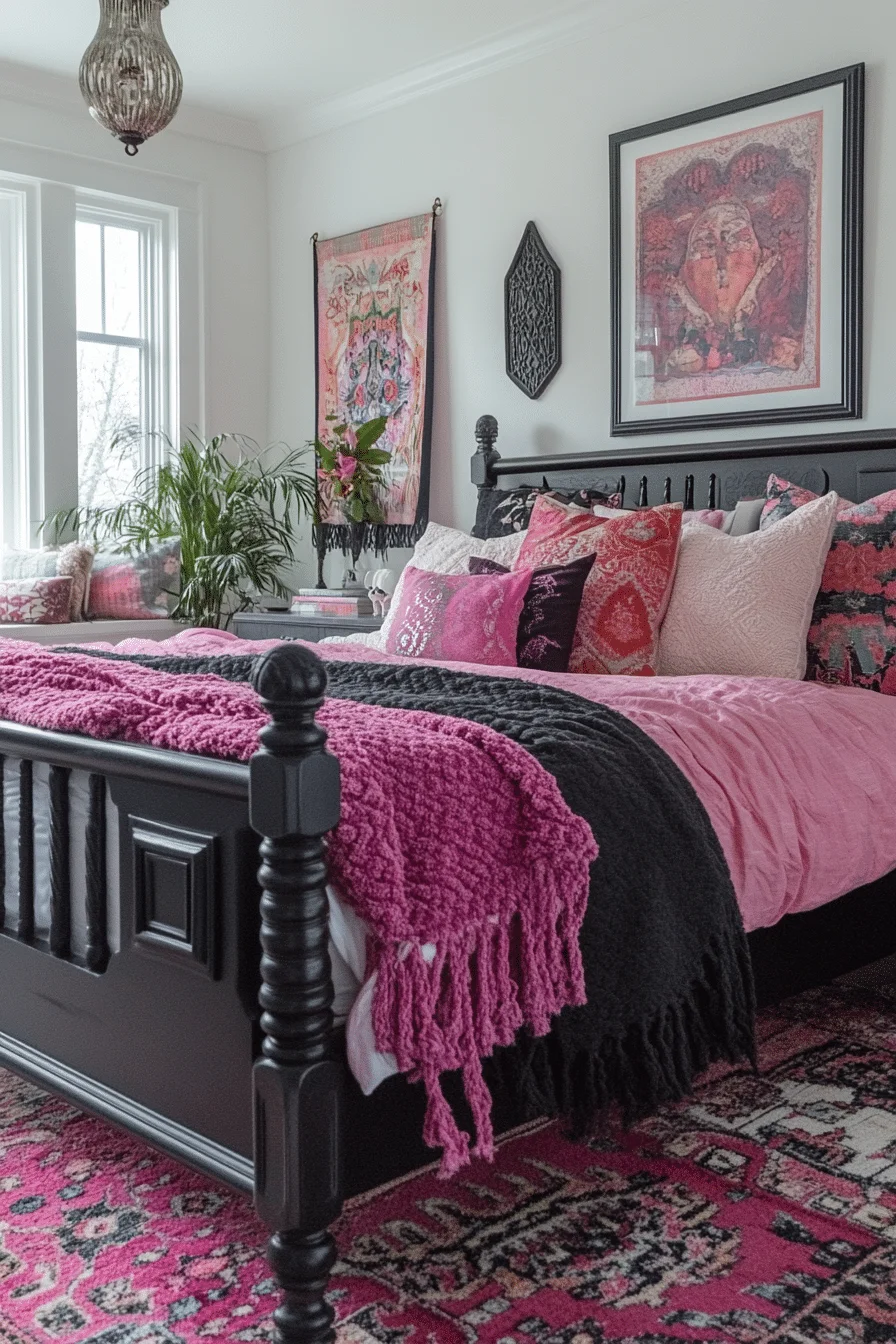 Eclectic pink and black bedroom