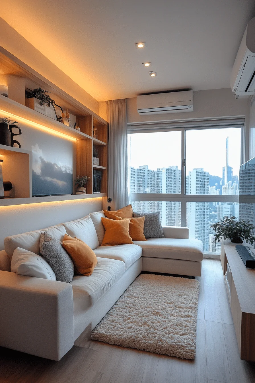 Narrow-profile sofa in a compact living room