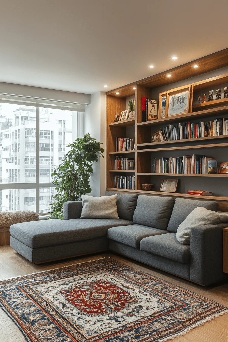Corner shelves in a small living room