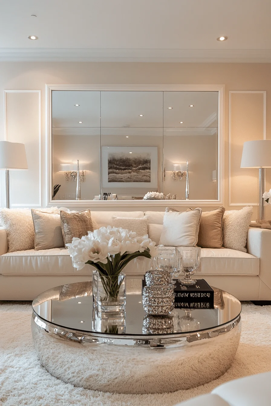 Reflective wall mirror in a small living room