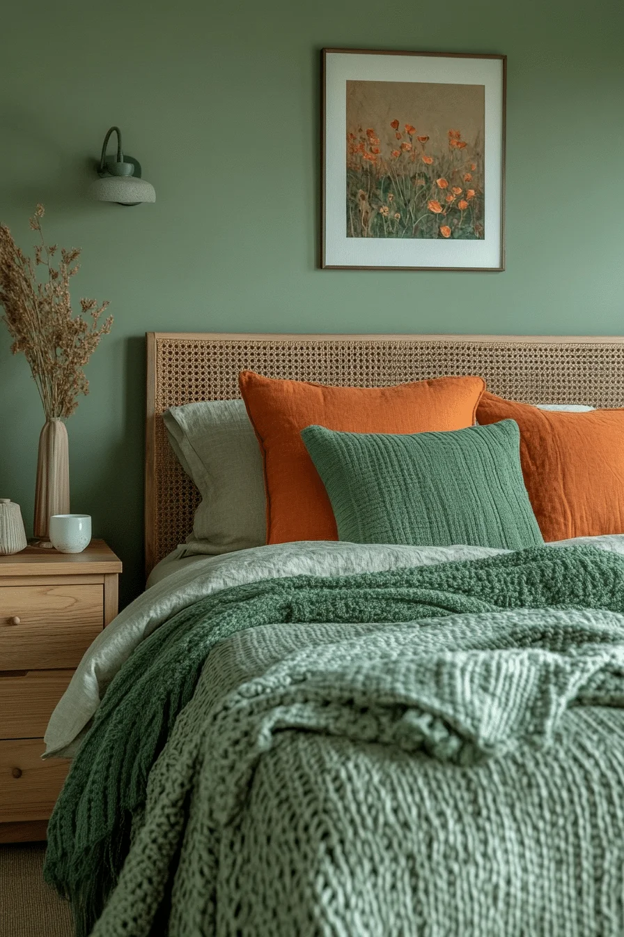 Minimalist bedroom with green and terracotta accents