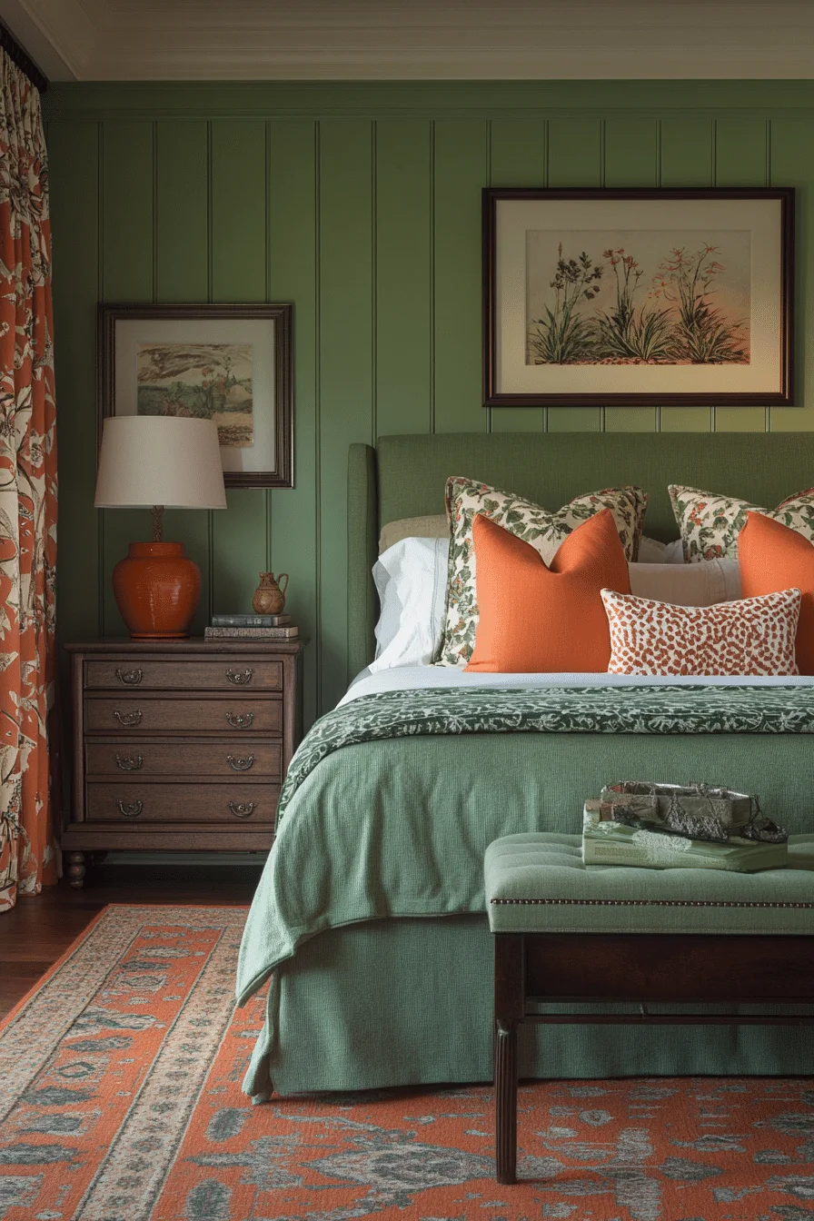 Bedroom with terracotta walls and green accents