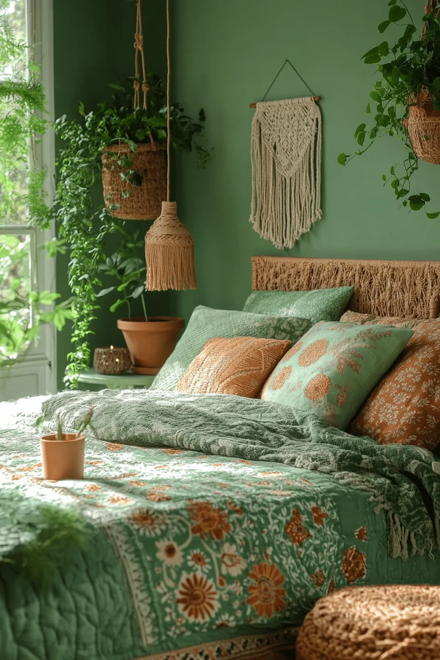 Bohemian style bedroom with green and terracotta
