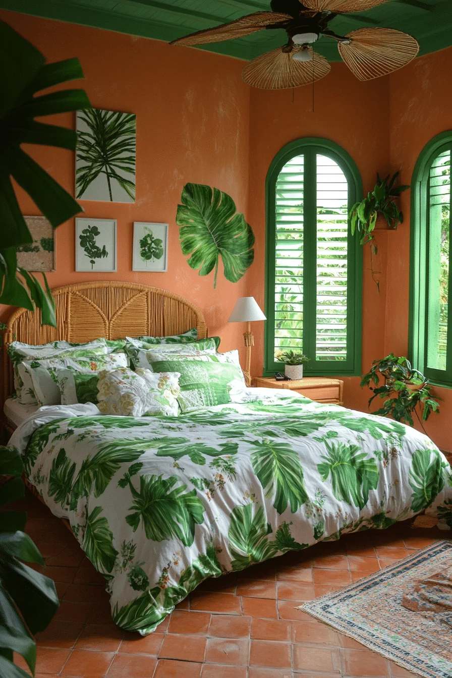 Tropical bedroom with green plants and terracotta walls