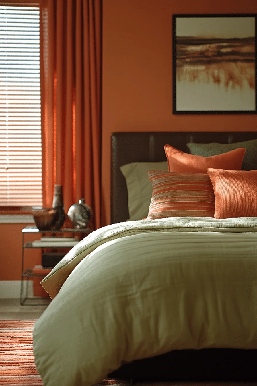 Modern urban bedroom with green and terracotta accents