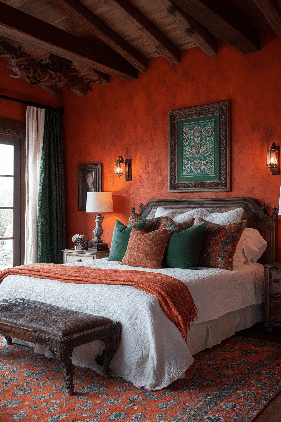 Warm terracotta bedroom with green accents