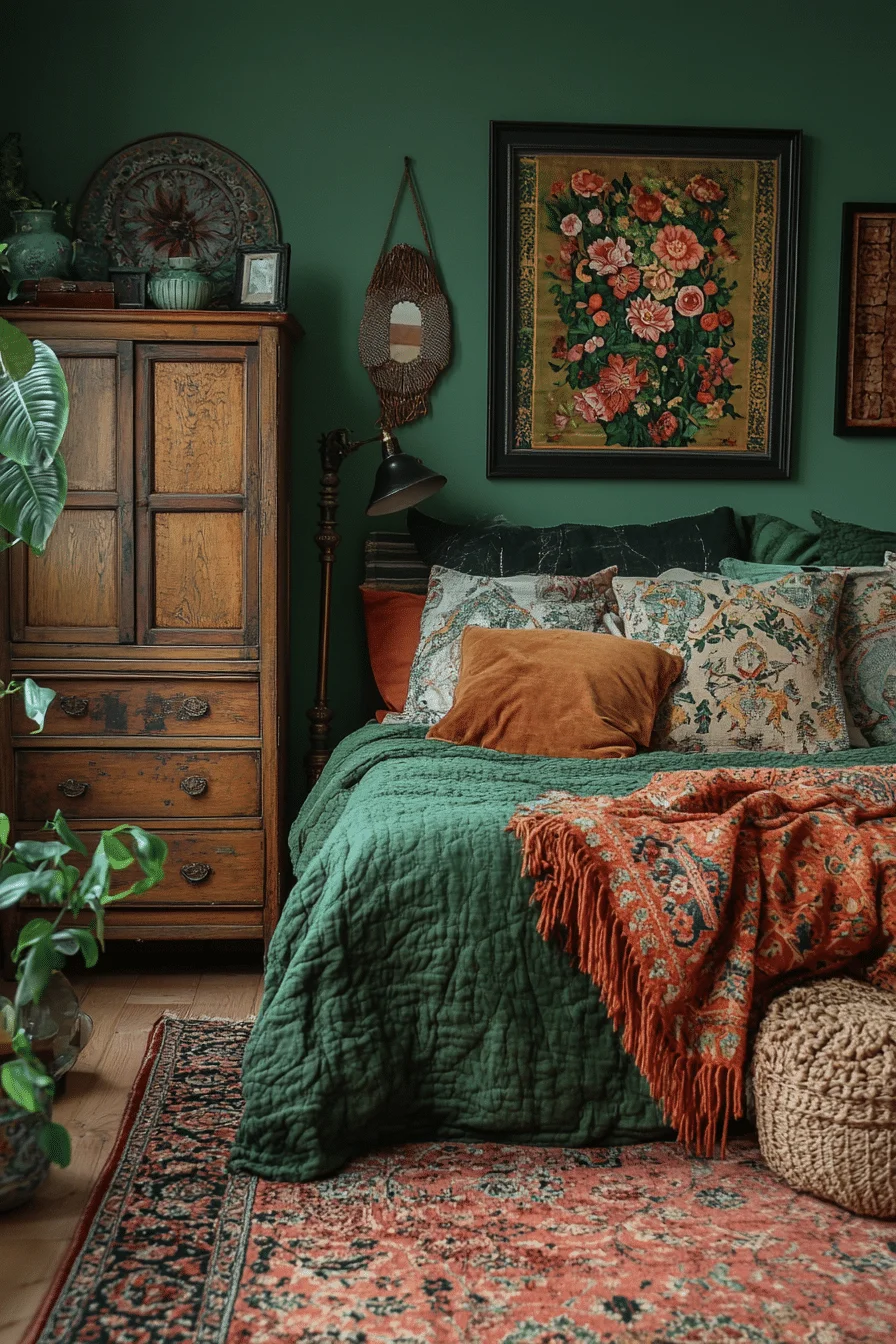 Eclectic bedroom with green and terracotta decor
