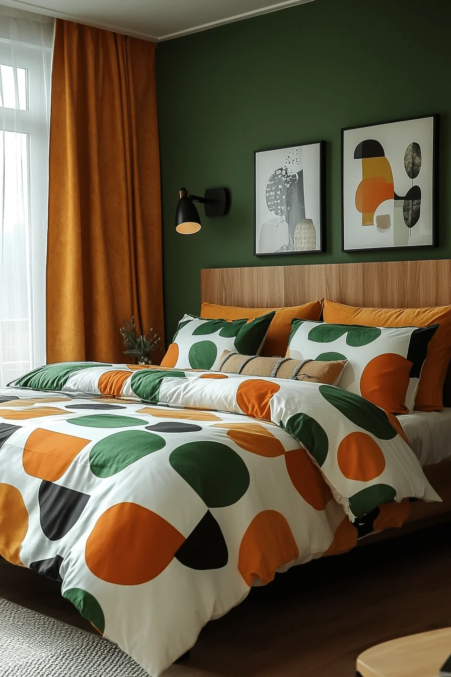 Bedroom with geometric green and terracotta patterns