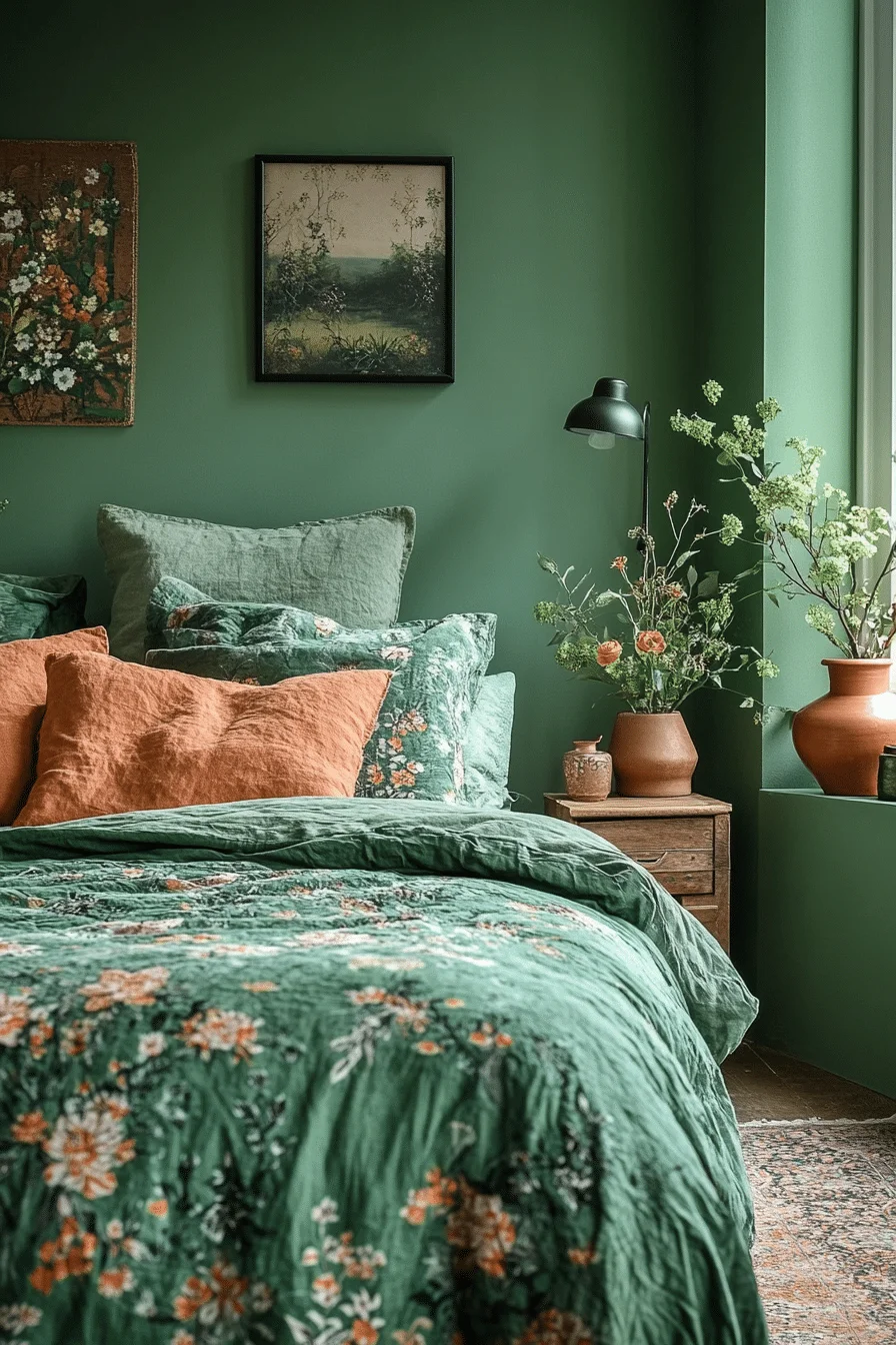 Color blocked green and terracotta bedroom
