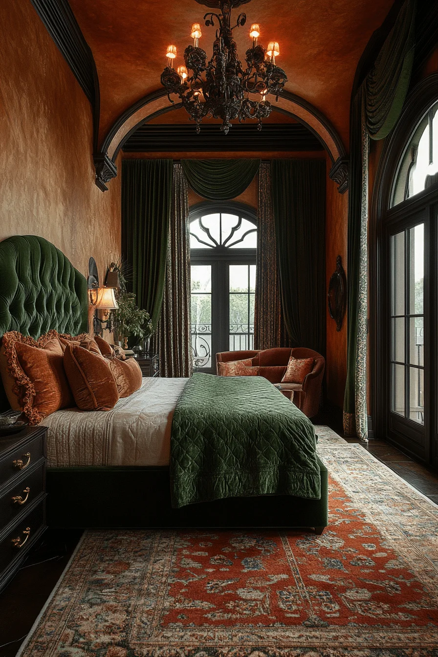 Elegant bedroom with green velvet and terracotta accents