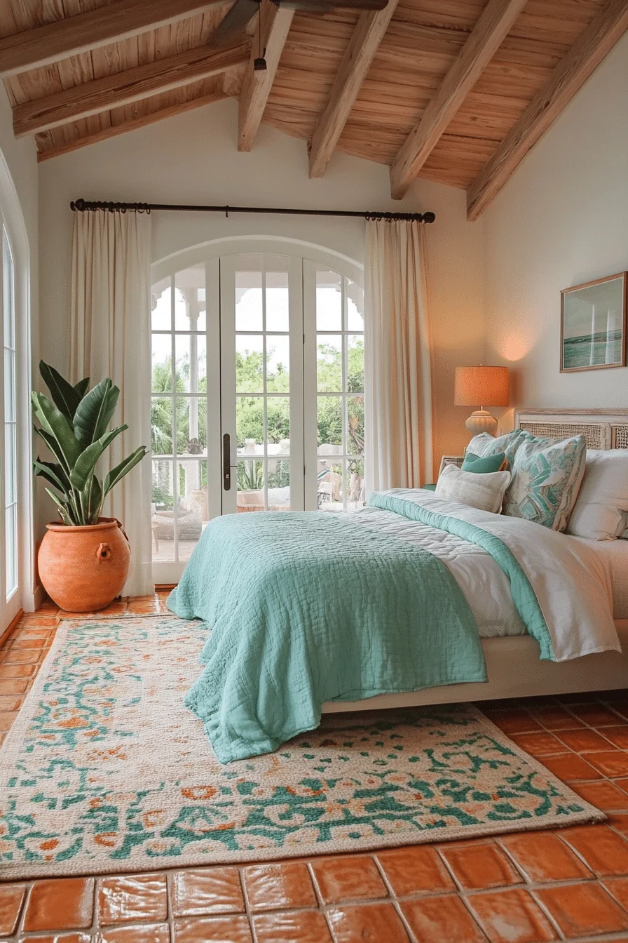 Coastal bedroom with green and terracotta tones