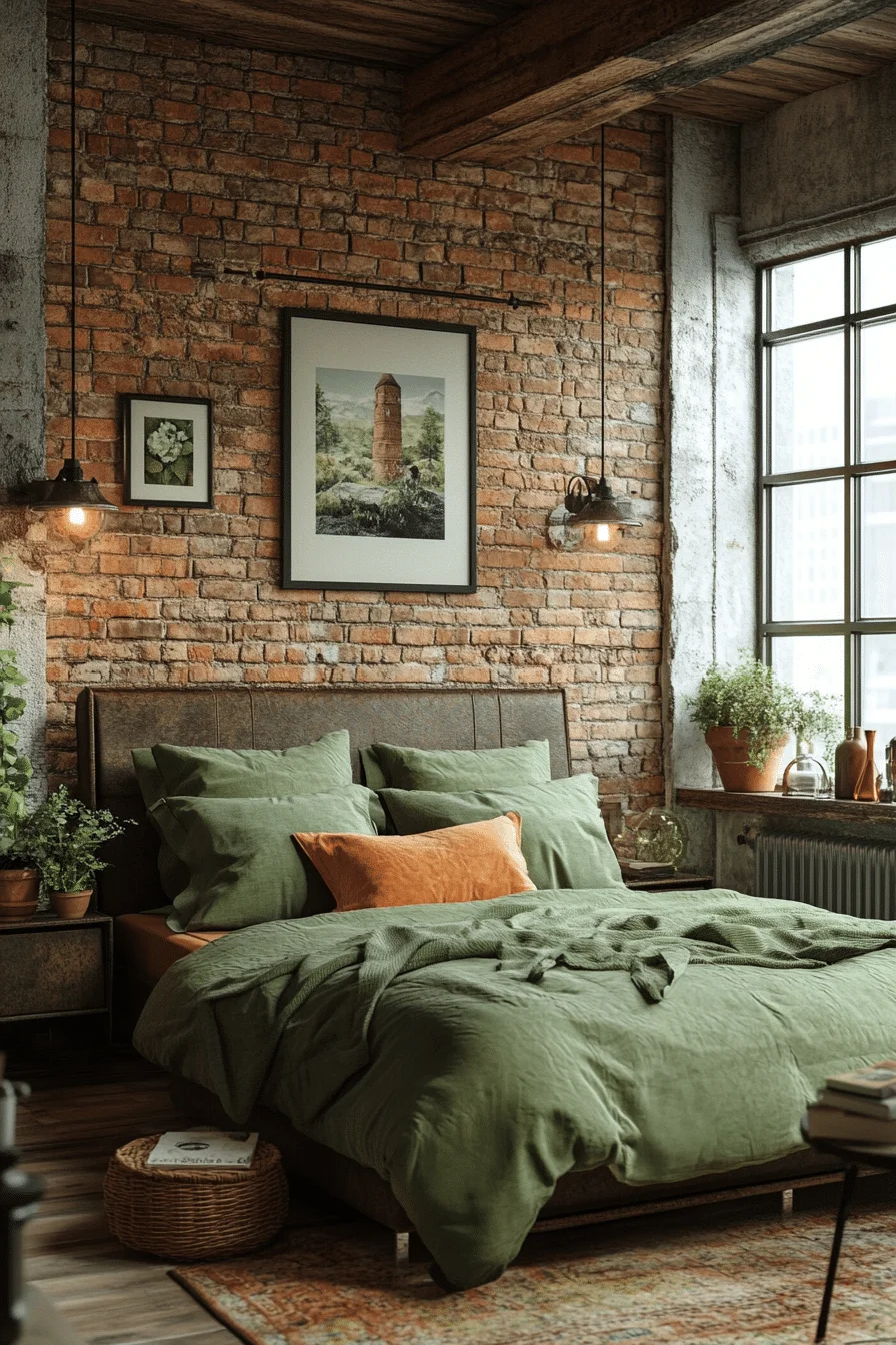 Industrial style bedroom with green and terracotta