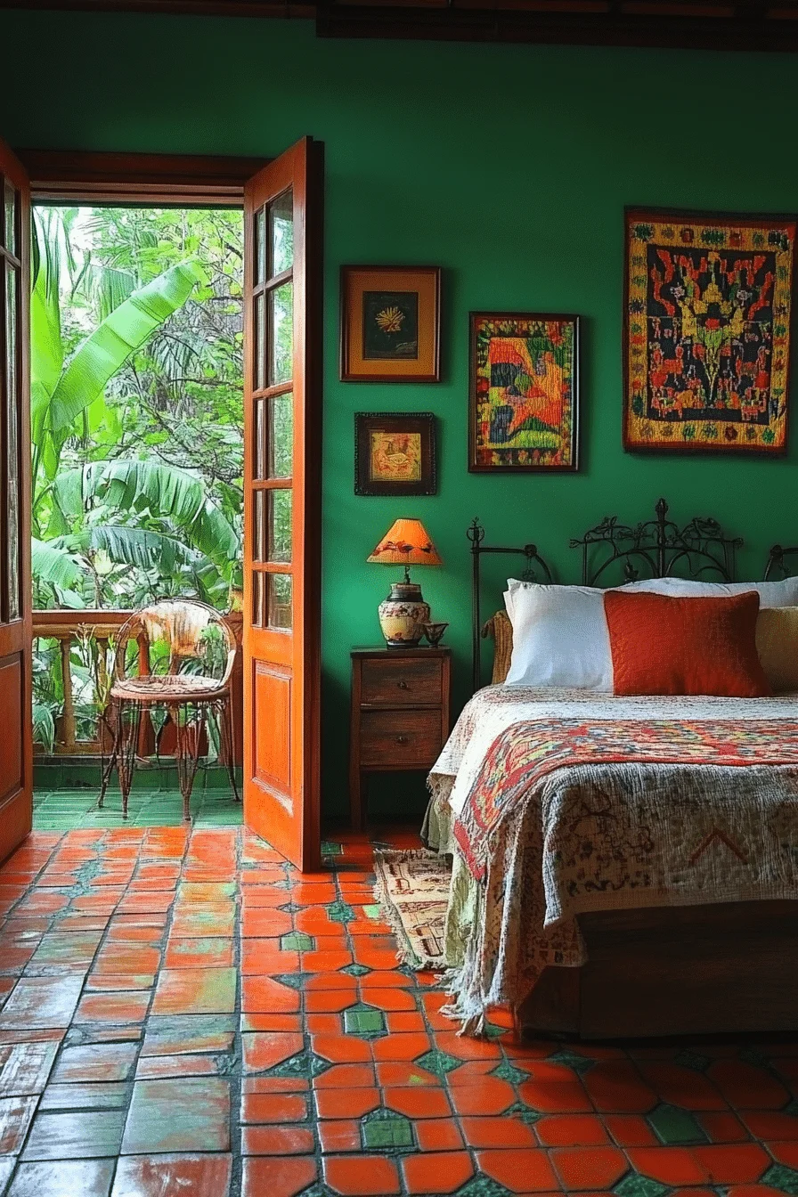 Mediterranean style bedroom with terracotta tiles and green walls