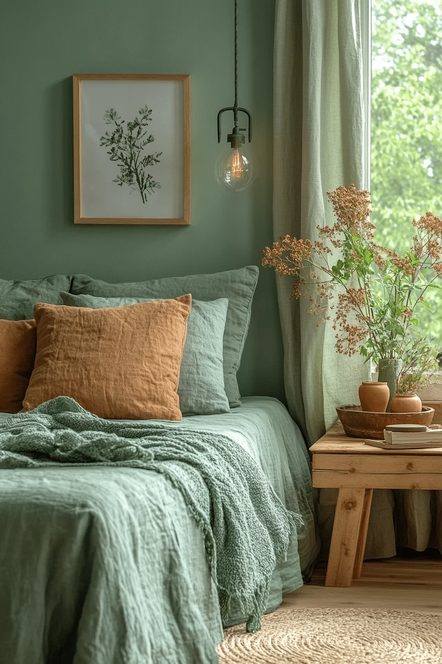Tranquil bedroom with soft green and terracotta accents