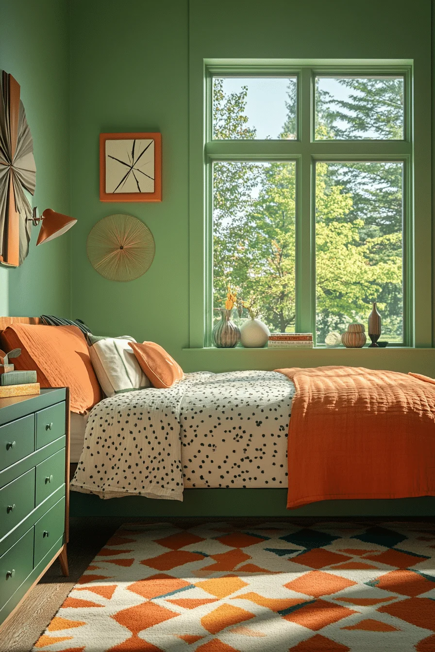 Mid-century modern bedroom with green and terracotta