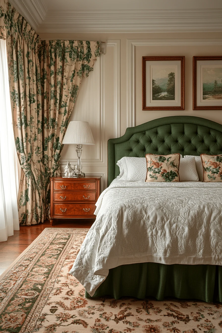 Elegant bedroom with green curtains and terracotta accents
