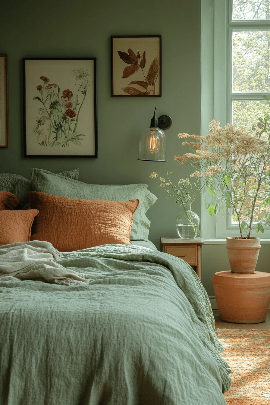 Scandinavian style bedroom with green and terracotta