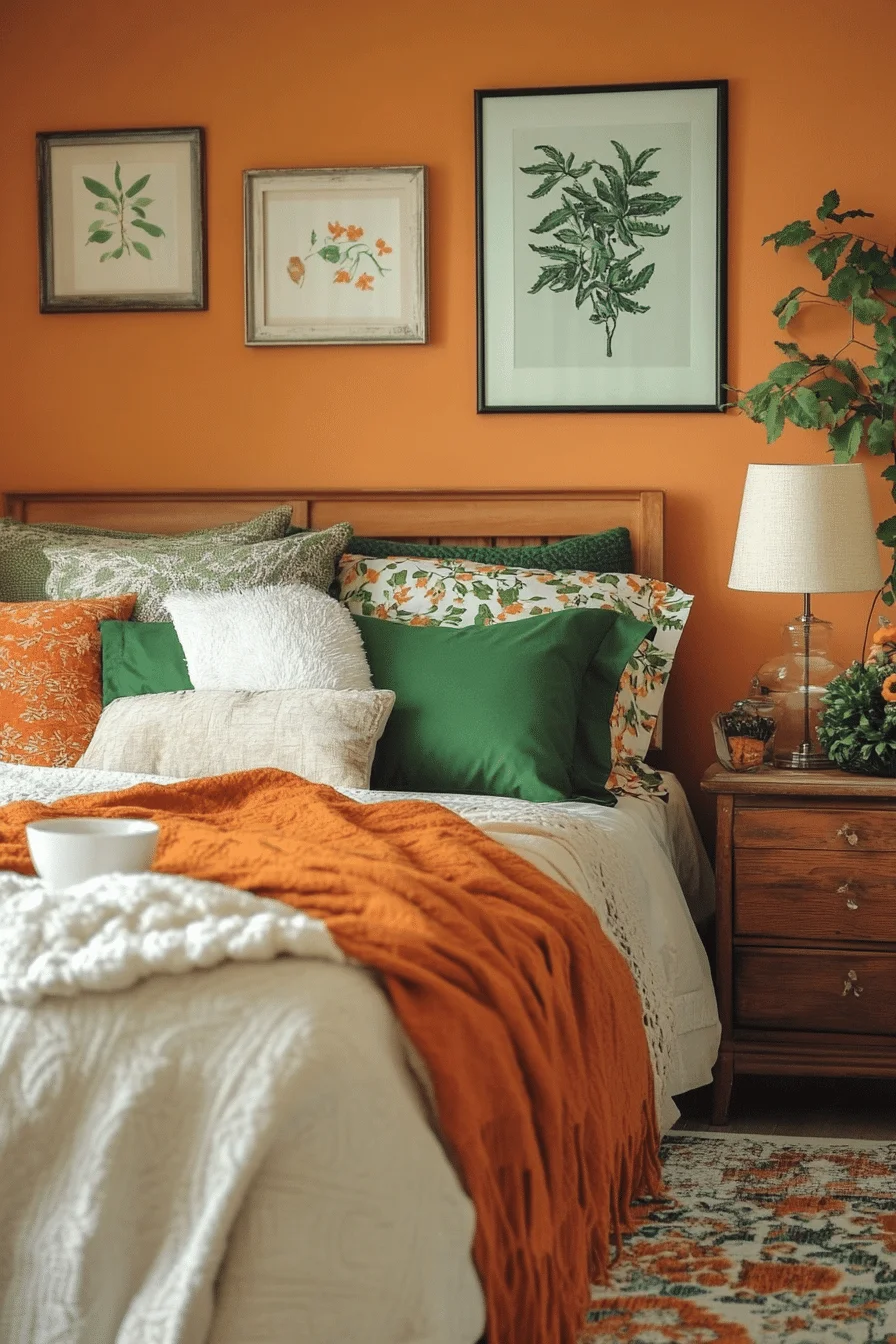 Terracotta bedroom with bold green accents
