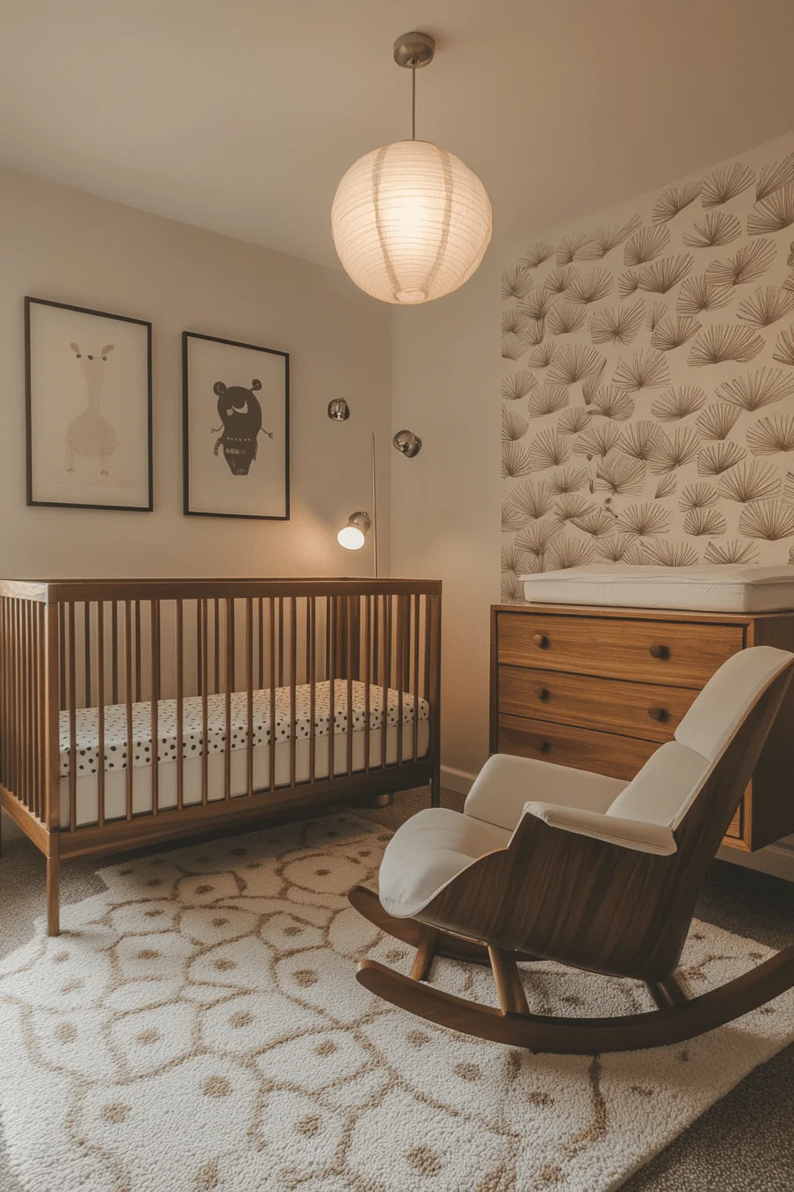Minimalist mid-century nursery with wooden accents